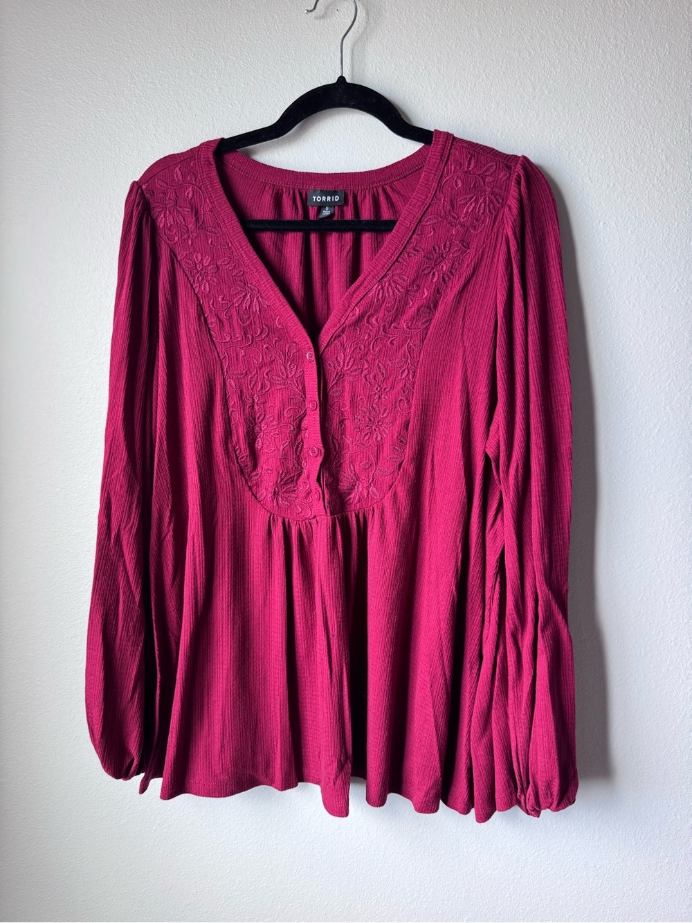 torrid Raspberry Embroidered V-Neck Peasant Blouse